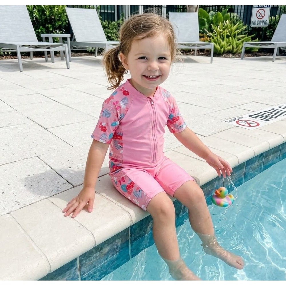 Girls Pink Floral One Piece Rash Guard Swimsuit Short Sleeve Sunsuit Size L‎